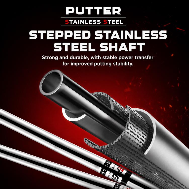Golf putter with stepped stainless steel shaft and black grip, side view