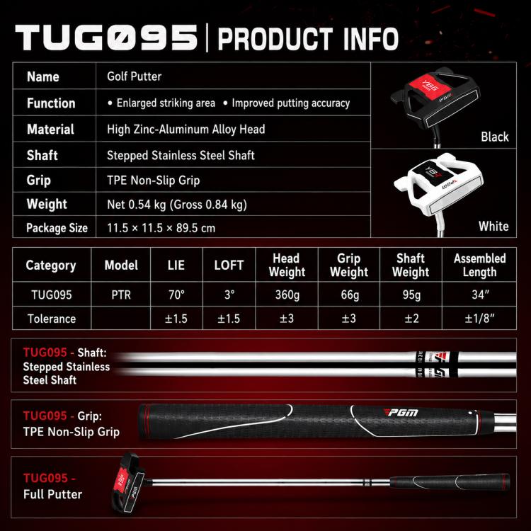 Golf putter product info card showing black and white PGM TUG095 TUG095 heads