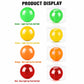 Four park golf balls in clear display boxes: green, yellow, orange, and red.
