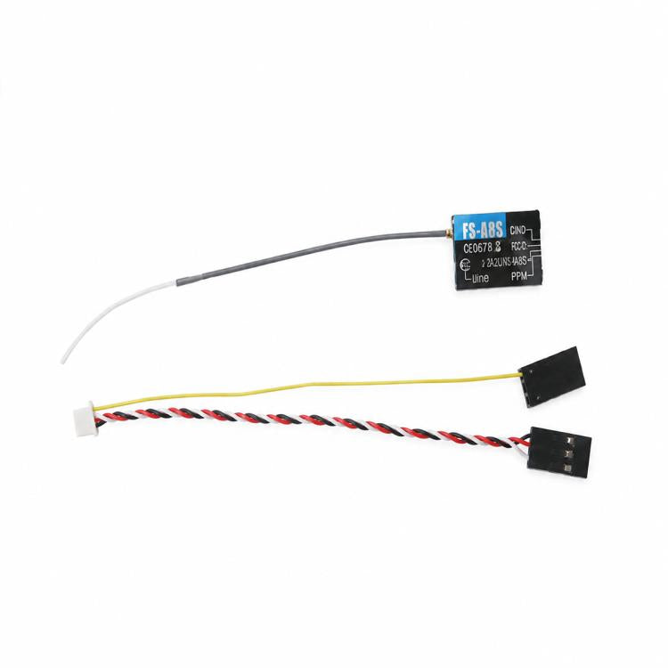 FlySky FS-A8S V2 mini receiver with antenna wire and multi-pin connector leads
