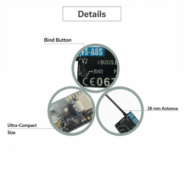 FlySky FS-A8S V2 mini receiver details view with bind button and 26 mm antenna