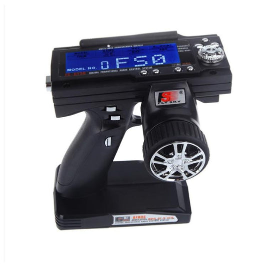 Black FlySky RC 2.4GHz 3-channel transmitter with blue LCD screen and control wheel