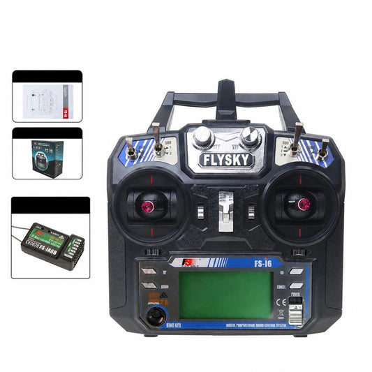 FlySky RC transmitter controller with dual thumb sticks and front LCD display