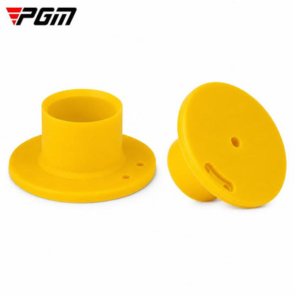 Yellow rubber park golf tee with round base and ball-holding cup, side view