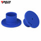 Blue rubber park golf tee with round base and ball-holding cup, side view