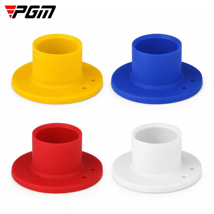 Multi-color rubber park golf tee set: yellow, blue, red, and white with round bases