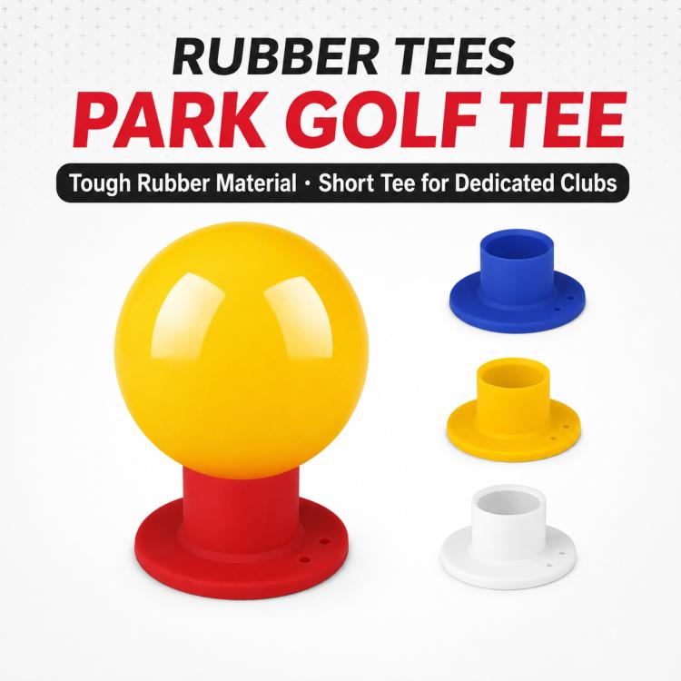 Rubber park golf tees set in yellow and blue with round bases and ball-holding cups