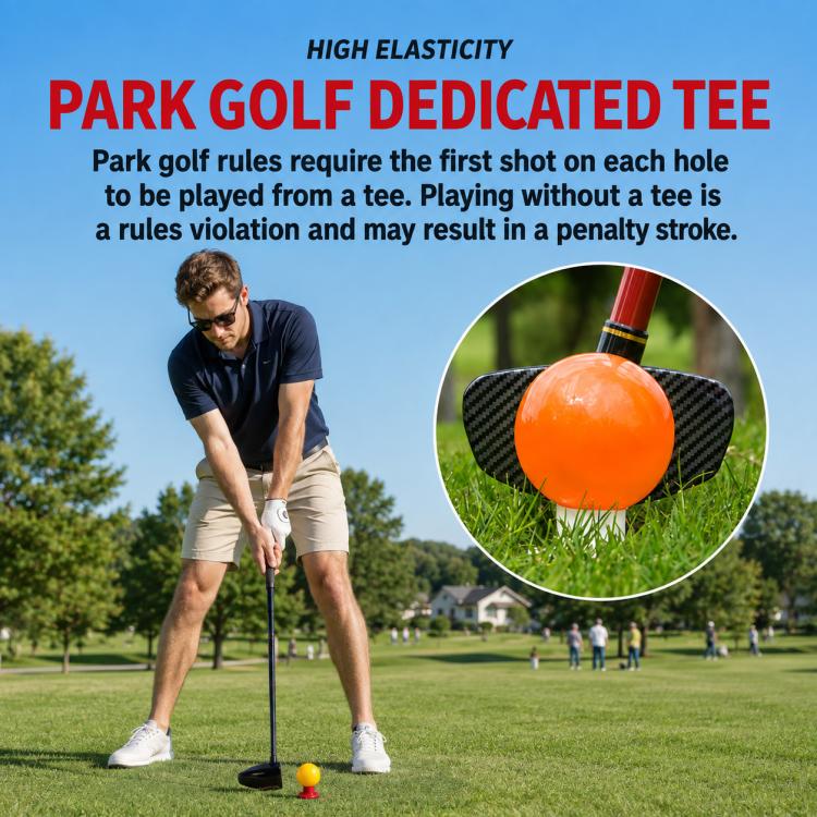 Orange rubber park golf tee in a grassy park setting, round base with ball cup