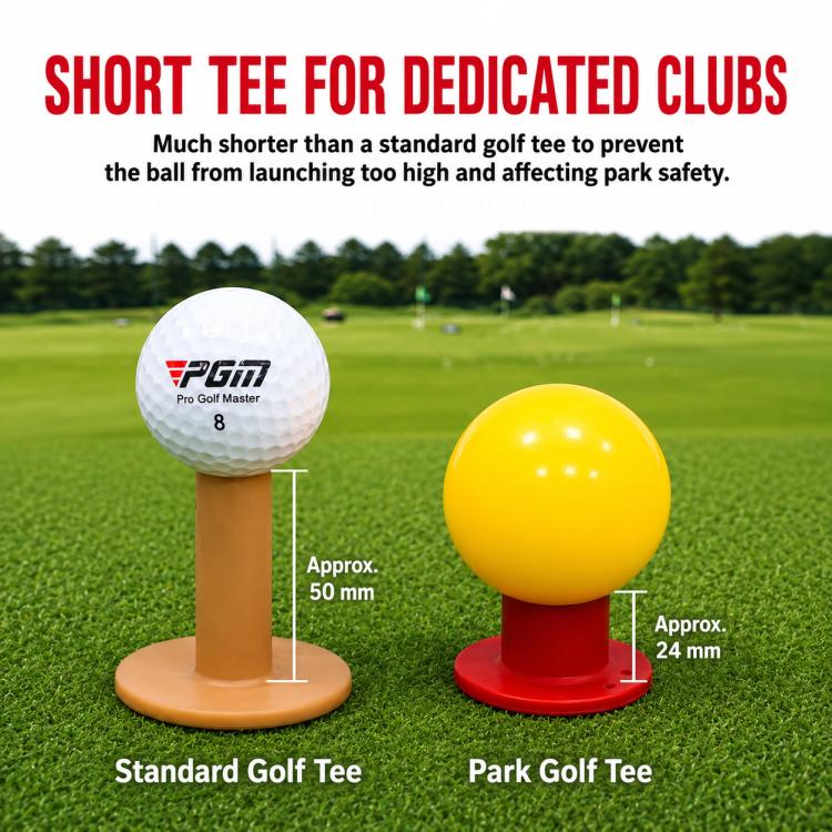 Yellow rubber park golf tee on a round base, ball-holding cup centered