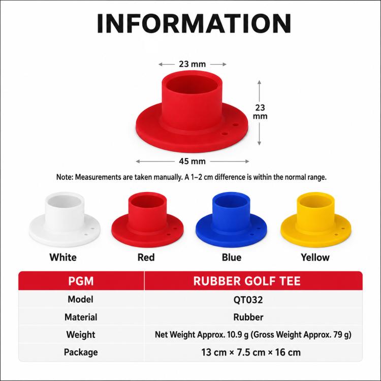 Red rubber park golf tee with round base and vertical ball-holding cup, size diagram