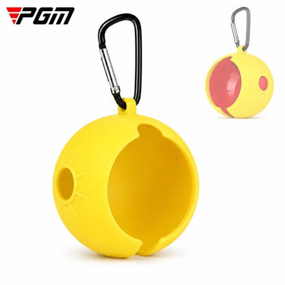 Yellow silicone park golf ball protective cover with carabiner clip and loop.