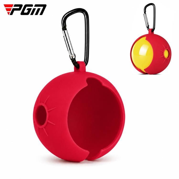 Red silicone park golf ball protective cover with carabiner clip and loop.