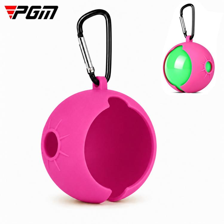 Pink silicone park golf ball protective cover with carabiner clip and loop.