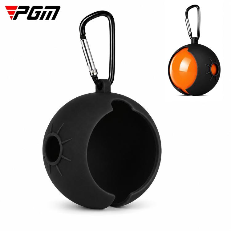 Black silicone park golf ball protective cover with carabiner clip and loop.