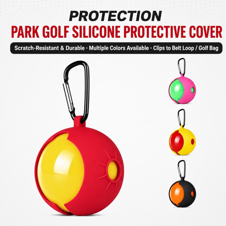 Silicone park golf ball protective cover set with carabiner clips, multiple colors.