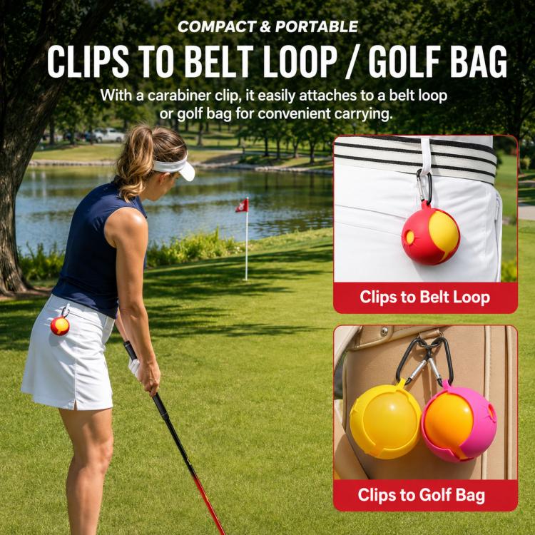 Orange and green silicone park golf ball protective covers with clips on carrying bag.