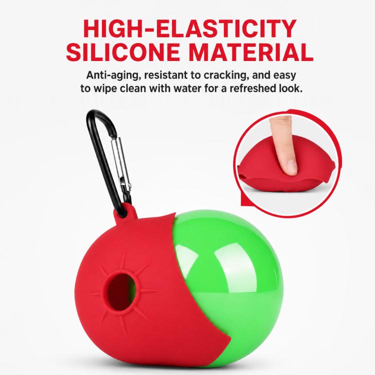 Red and green silicone park golf ball protective cover with carabiner clip and loop.