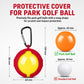 Red silicone park golf ball protective cover with carabiner clip and loop, ball view.