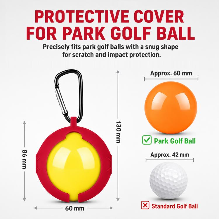 Red silicone park golf ball protective cover with carabiner clip and loop, ball view.