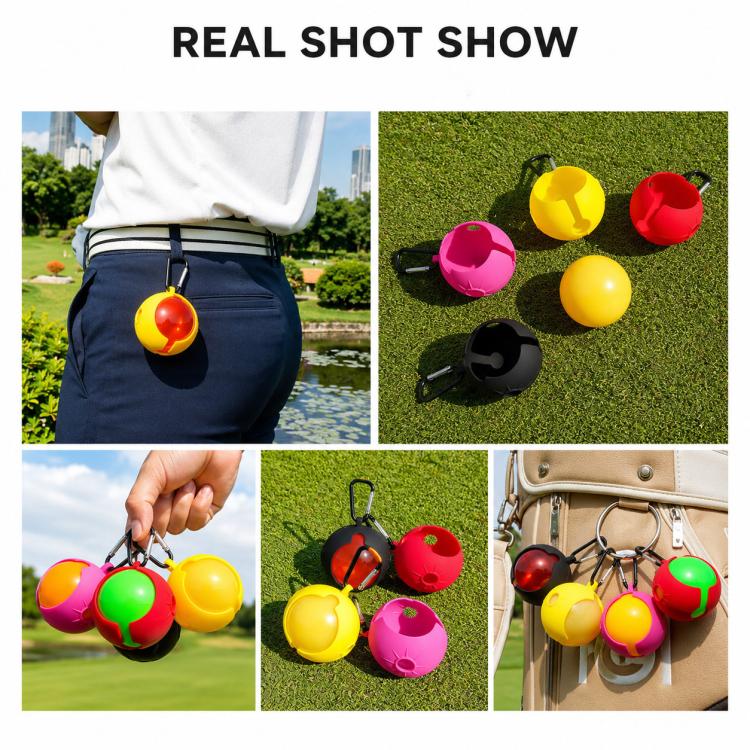 Silicone park golf ball protective covers with carabiner clips on belt loop and bag.