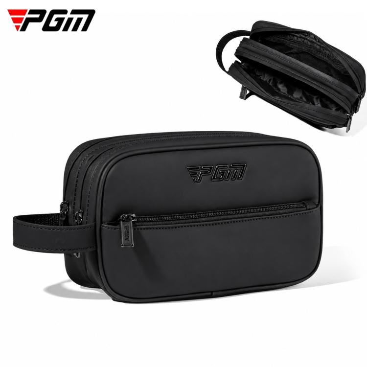 Black PGM water-repellent golf pouch with double-layer front zipper and side strap