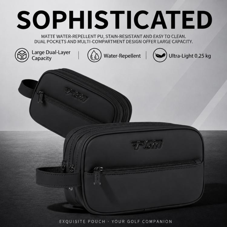 Black PGM golf pouch with front zipper pocket and crossbody strap, side profile view