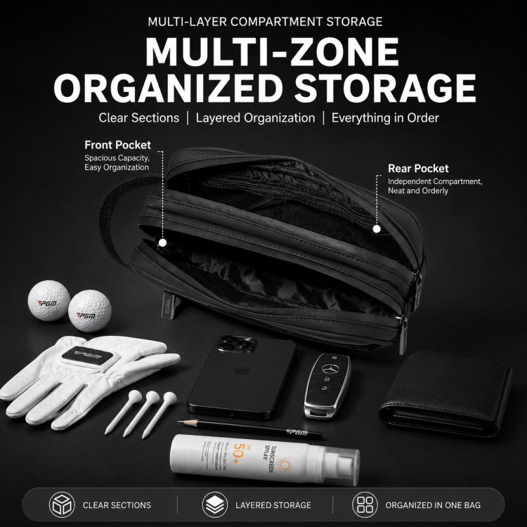 Black PGM golf pouch open to multi-zone compartments with layered front and rear pockets