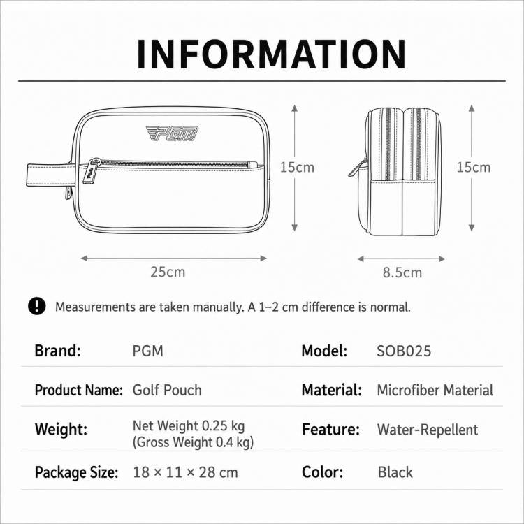 Black PGM golf pouch size chart with front and side measurements