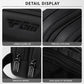 Black PGM golf pouch close-up: embossed logo, precise stitching, smooth zippers, interior