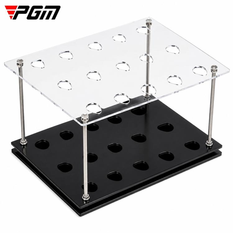 PGM clear-and-black acrylic golf club rack with 15 circular slots and metal posts