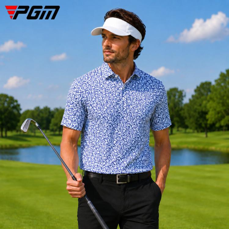 Men's blue-and-white printed golf polo shirt with folded collar, short sleeves