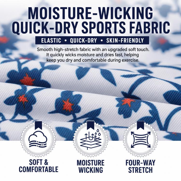 Close-up of blue and white floral printed stretch sports fabric