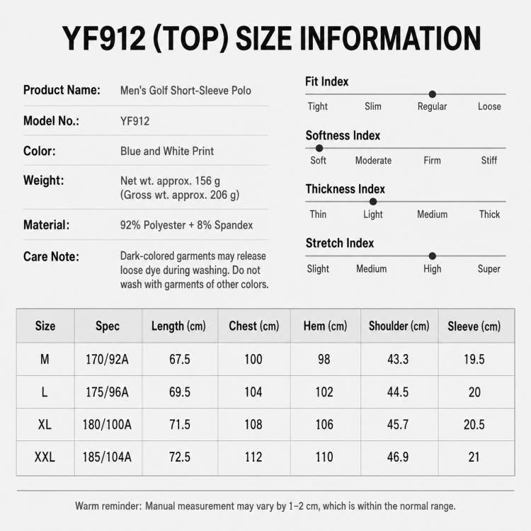 YF912 men's golf polo size information chart with measurements and material