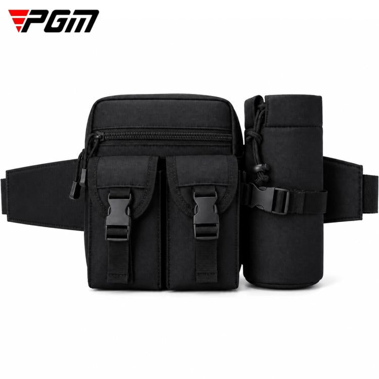 Black golf waist organizer bag with front dual pockets and side cup holder.