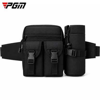Black golf waist organizer bag with front dual pockets and side cup holder.