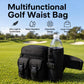 Black multifunction golf waist bag with zippered front storage and detachable bottle sleeve.