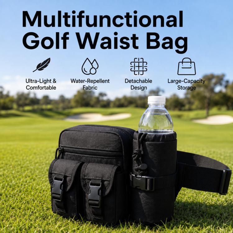 Black multifunction golf waist bag with zippered front storage and detachable bottle sleeve.