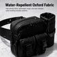 Black water-repellent oxford fabric waist bag with zippered front storage.