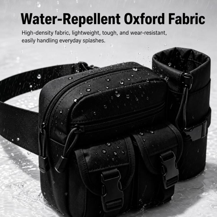Black water-repellent oxford fabric waist bag with zippered front storage.