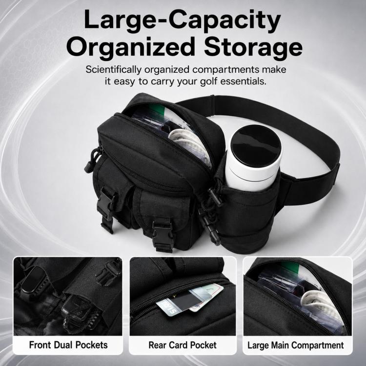Black golf waist bag with organized main compartment and front and rear pockets.