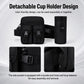 Black waist bag with detachable cup holder and side pocket with buckle and hook-loop.