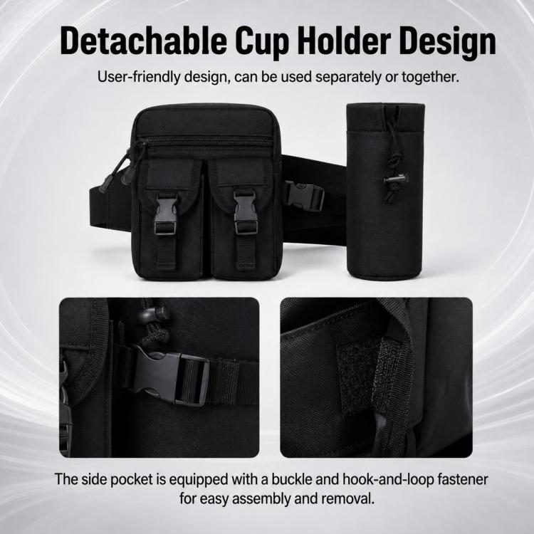 Black waist bag with detachable cup holder and side pocket with buckle and hook-loop.
