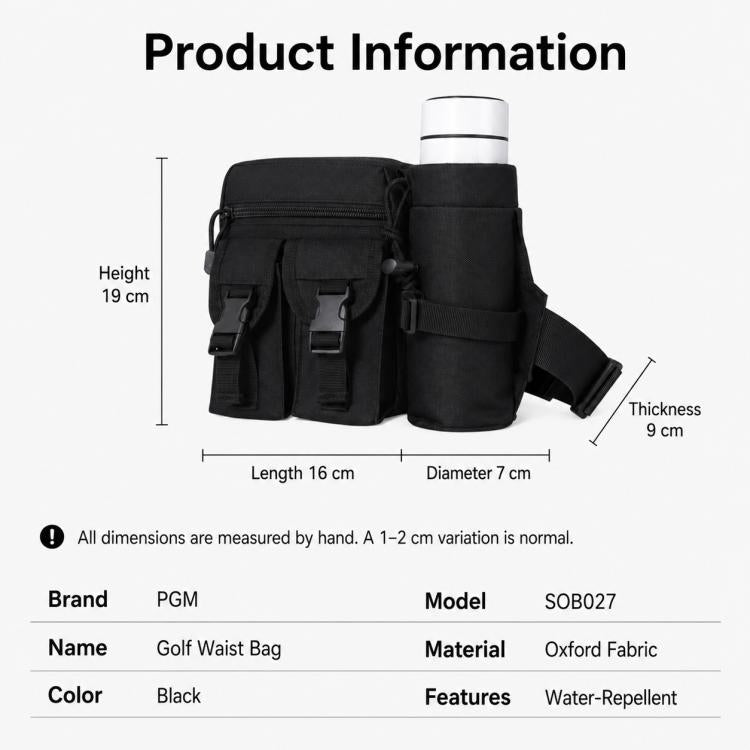 Black golf waist bag with front pockets and attached cup holder; compact profile.