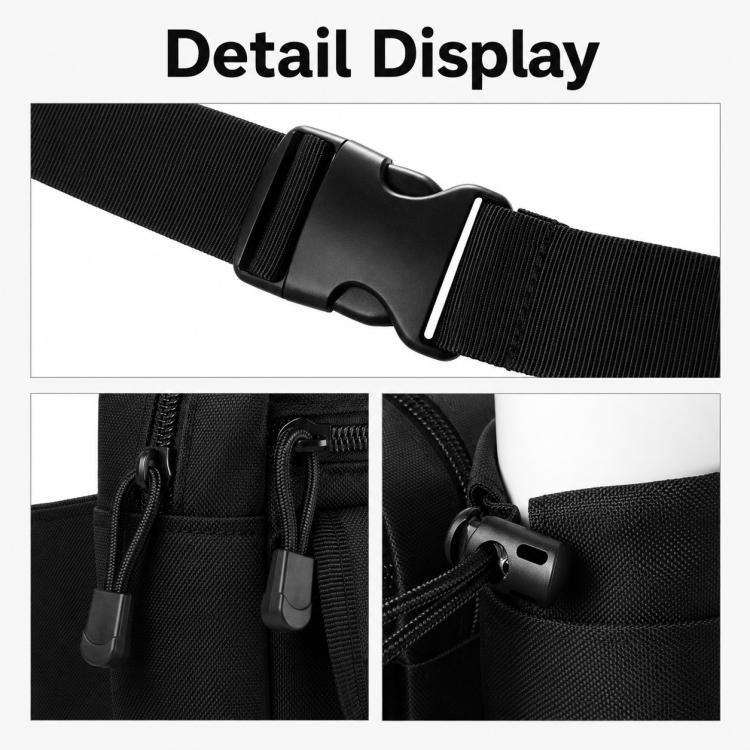 Black adjustable strap golf waist bag with buckle clasp and zipper pull details.