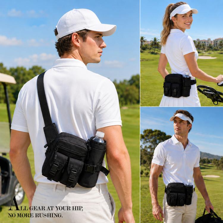 Black golf waist bag worn on golfer’s hip with front pockets and cup holder.