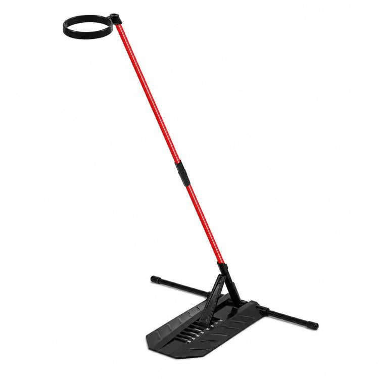 Golf swing trainer head stabilizer ring with red fiberglass rod and black base stand