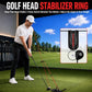 Golf head stabilizer ring trainer set with red rod and black ring on practice base