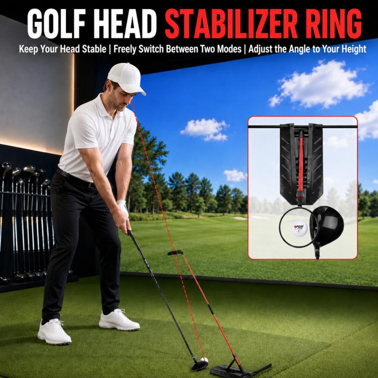 Golf head stabilizer ring trainer set with red rod and black ring on practice base