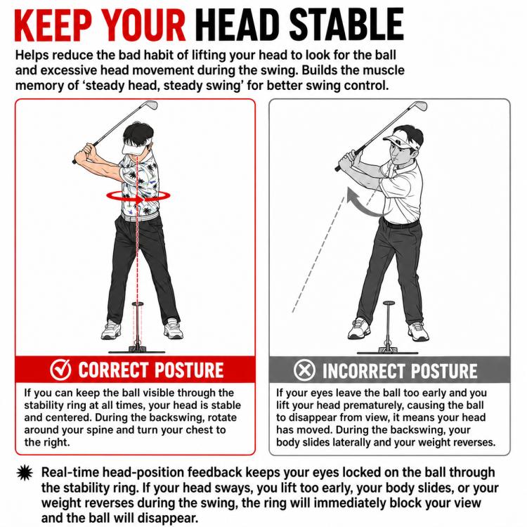 Golf head stabilizer ring for swing practice with red rod and black stance base