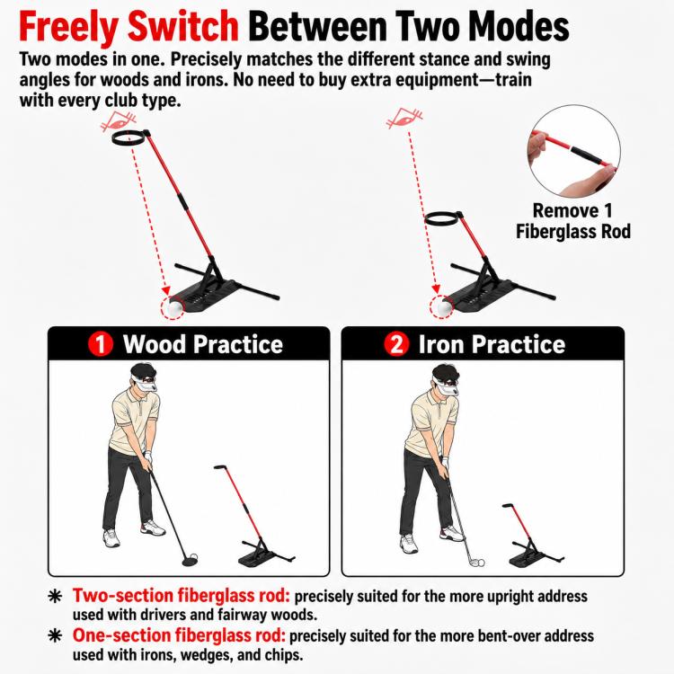Golf swing trainer head stabilizer ring with dual-mode red rod and black base